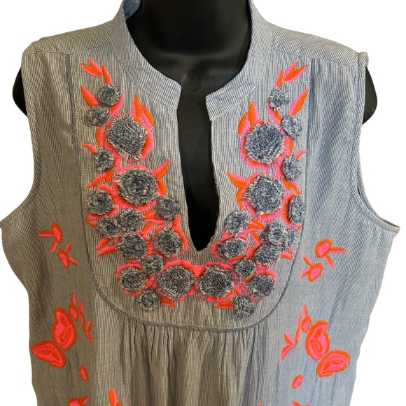 Anthropologie Uncle Frank Large Pin Stripe V Neck Embroidered Sleeveless Dress - Picture 5 of 12